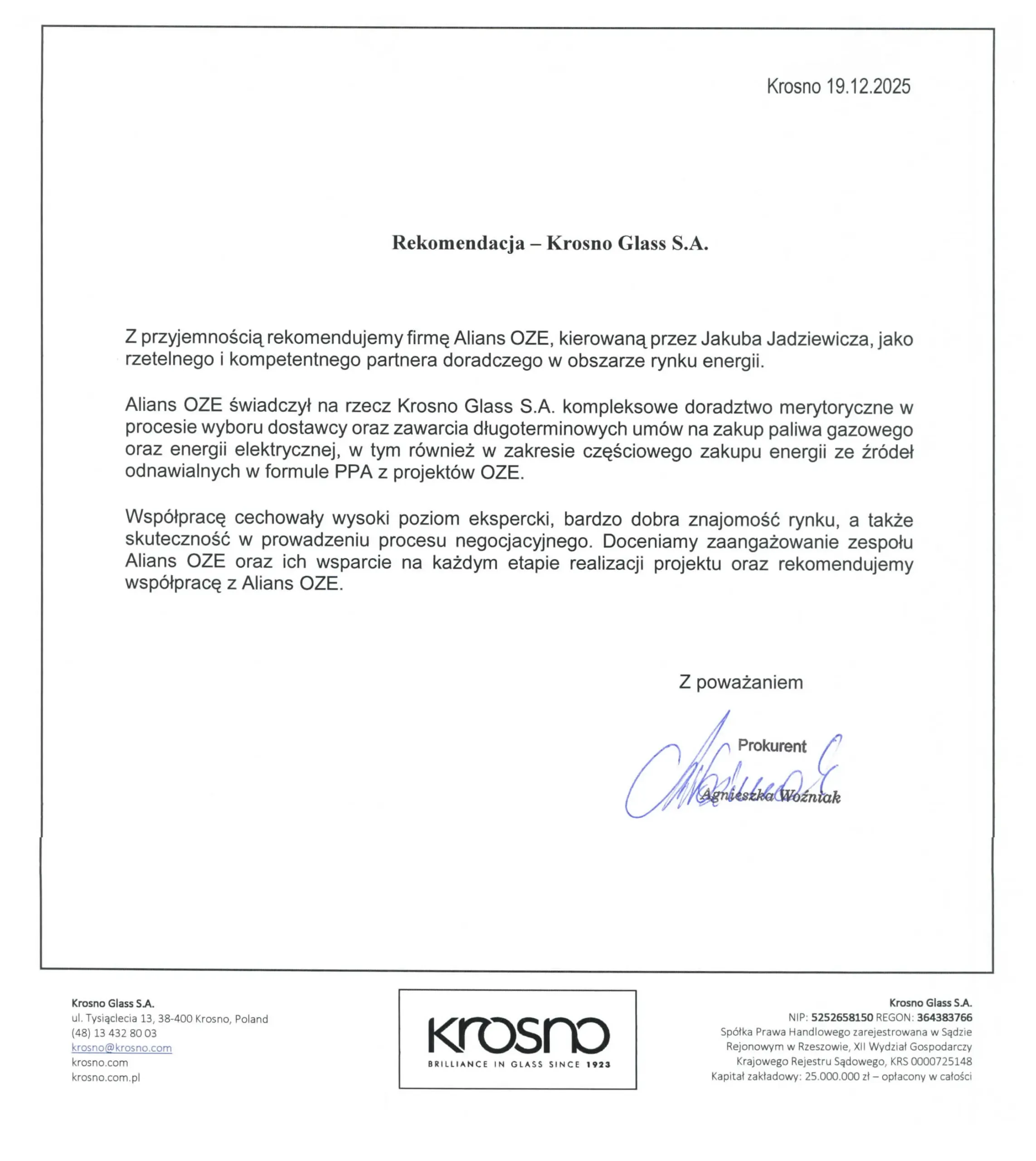 Rekomendacja (opinia) Alians OZE